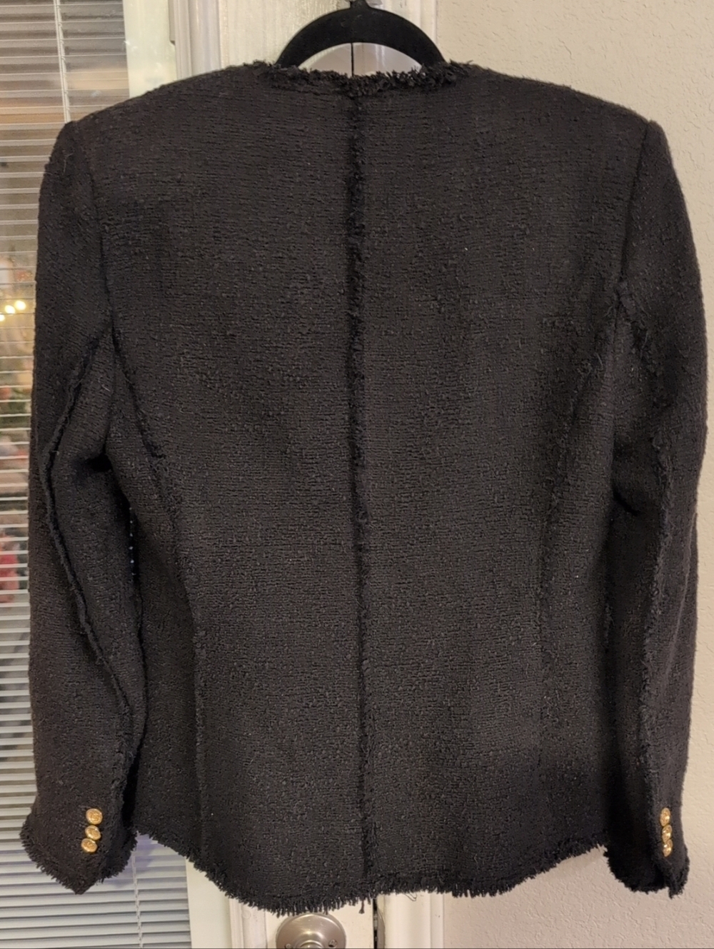 ZARA Black Frayed Edge Gold Button Mid-Length Tweed Blazer Women Size Large - Picture 2 of 6